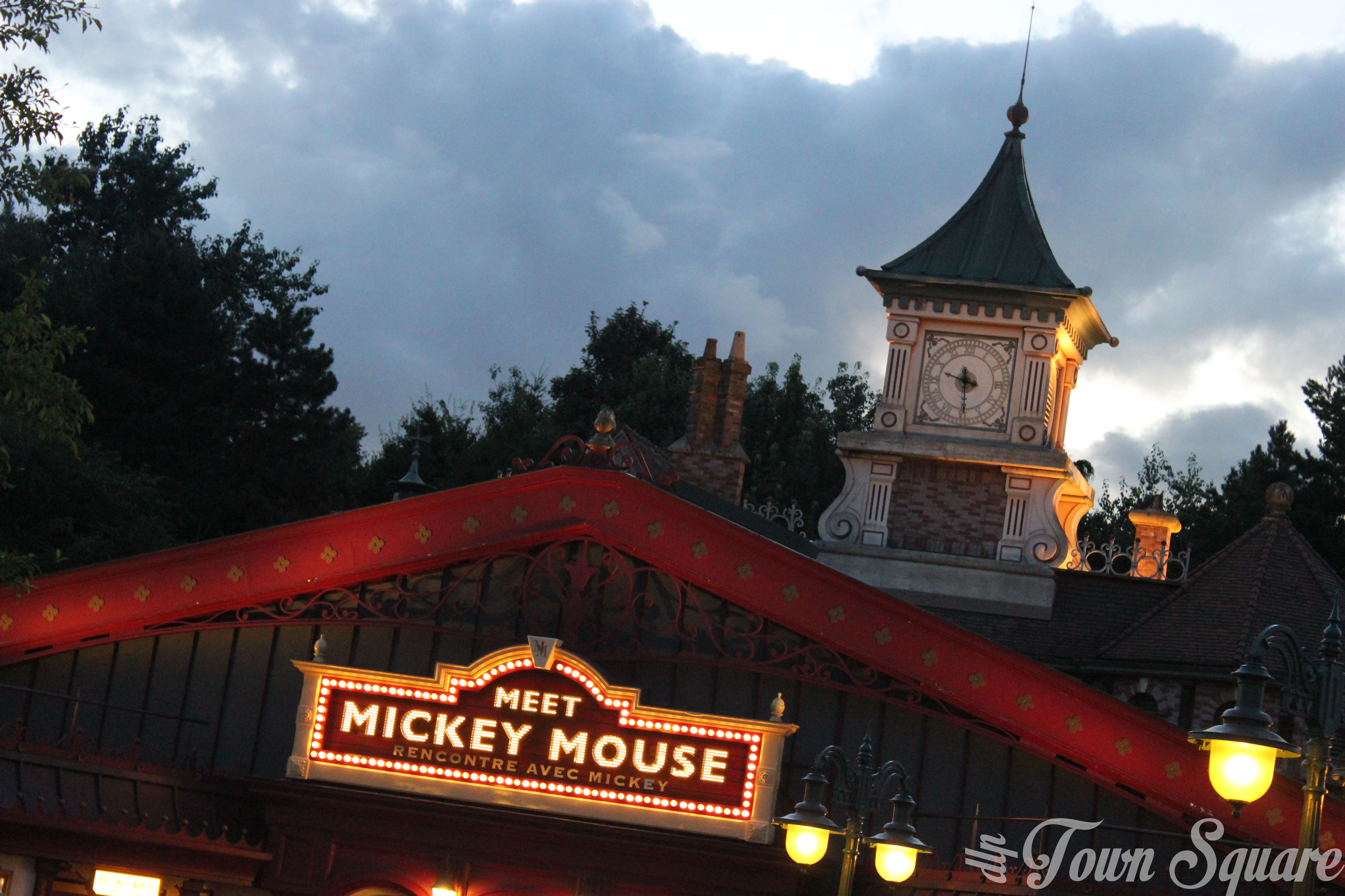 Meet Mickey Mouse building at dusk